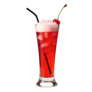 Vibrant red Singapore Sling cocktail with frothy white foam and a cherry elegantly presented in a tall glass on a white background, isolated