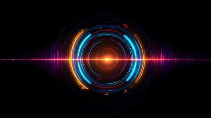 Futuristic Neon Equalizer with Concentric Circular Sound Waves and Digital Energy Pulses for Audio Visualization