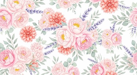 Watercolor floral pattern design with pink roses dahlias and lavender seamless repeat