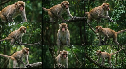 A collection of various monkey postures in a lush, green forest setting, showcasing the animals' agility and natural habitat.