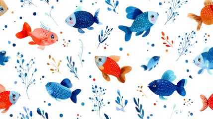 Intricate seamless pattern showcasing playful cartoon fish with delicate plant motifs and dynamic dot accents in vibrant red and blue hues over a clean white backdrop