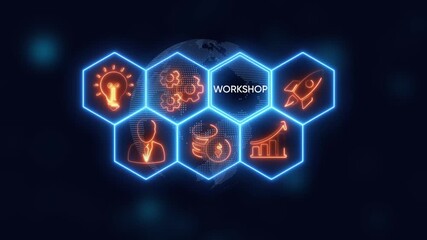 Business workshop concept with glowing neon icons for ideas growth finance and teamwork on a digital globe background - Powered by Adobe