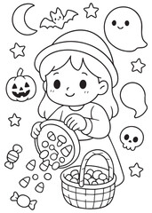 Fototapeta premium coloring book girl holding candy bucket wearing hat
