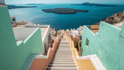 Fototapeta premium Staircase sea view with Mediterranean staircase leading to blue sea and volcanic islands
