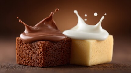 Obraz premium Sweet Temptation: Two delightful cubes of cake and mousse sit side by side, one bathed in rich, dark chocolate, the other crowned with creamy white frosting, capturing the essence of indulgence. 