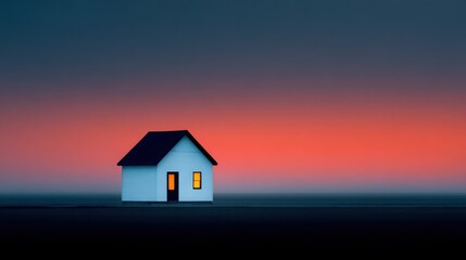 Solitary Home at Sunset: A quaint, miniature house stands serenely against a backdrop of vibrant sunset colors, its windows aglow, evoking feelings of warmth and tranquility. 
