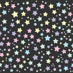 Abstract seamless pattern of soft colorful pastel stars on black background