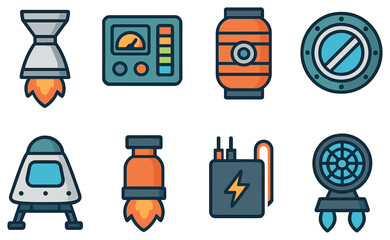 Space exploration flat icon set. featuring rocket, control panel, barrel, hatch, lander, bomb, radio, fan