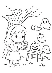  coloring book girl take photo on the ghost helloween under tree
