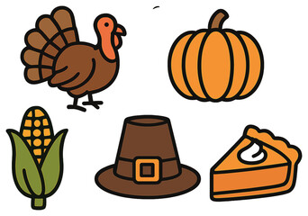 Thanksgiving flat icons set. featuring turkey, pumpkin, corn, pilgrim hat, and pie