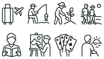 Leisure activities linear icon set. featuring travel, fishing, gardening, walking, reading, painting, playing cards, and sunset symbols