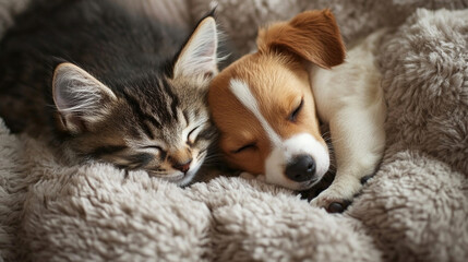 Obraz premium A kitten curled up with a puppy, both napping peacefully on a fluffy bed.