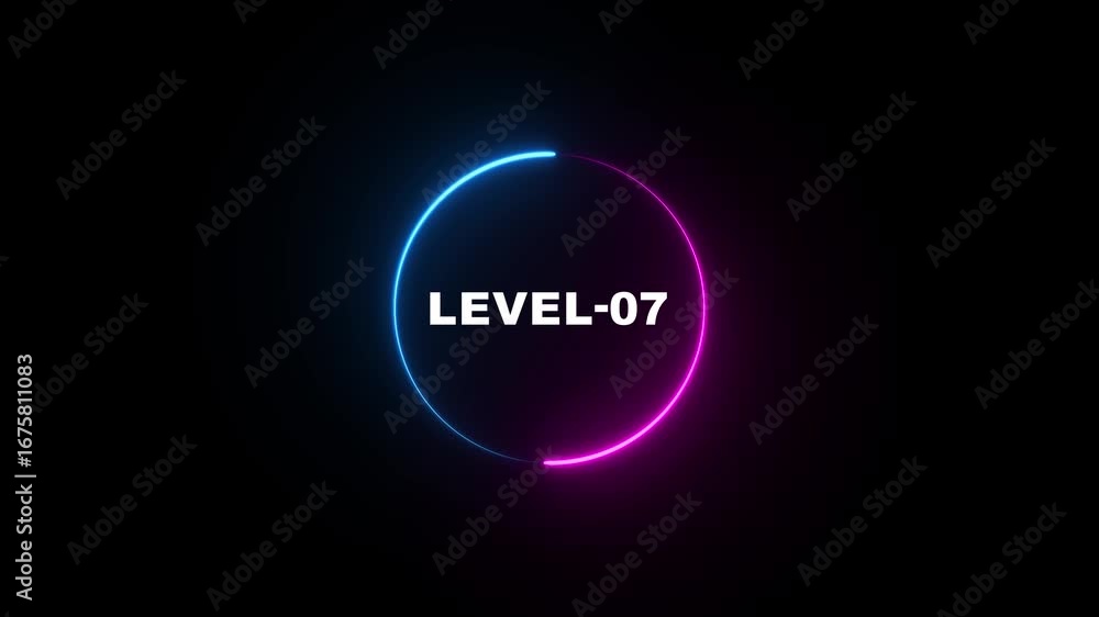 Fototapete glowing neon blue and pink color circle with level-07 text animation on black background .abstract l