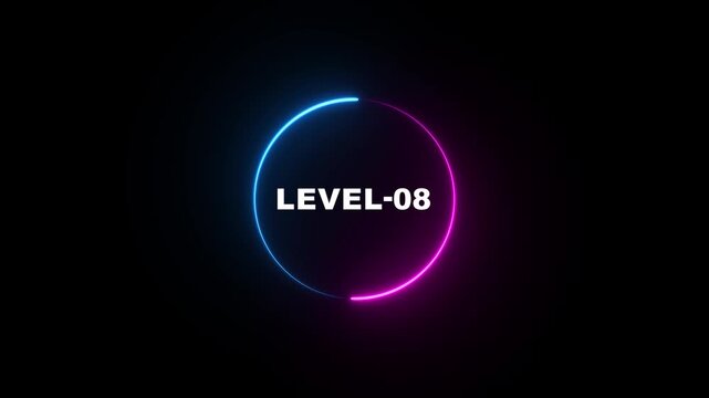 Glowing neon Blue and pink color circle with Level up text animation on black background .Abstract Level-08 isolated on black background. Game concept next level. Level-08 text animation. - Powered by Adobe