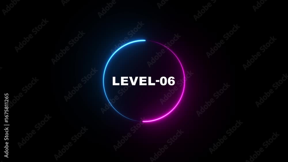 Aufkleber glowing neon blue and pink color circle with level-06 text animation on black background .abstract l