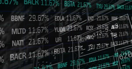 Interface scrolling codes starting values rising and zooming into dark blueprint showing data flow