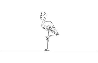 Naklejka premium Continuous one line drawing of a flamingo standing on one leg, representing elegance and balance, style Black line sketch on transparent background, Vector illustration.