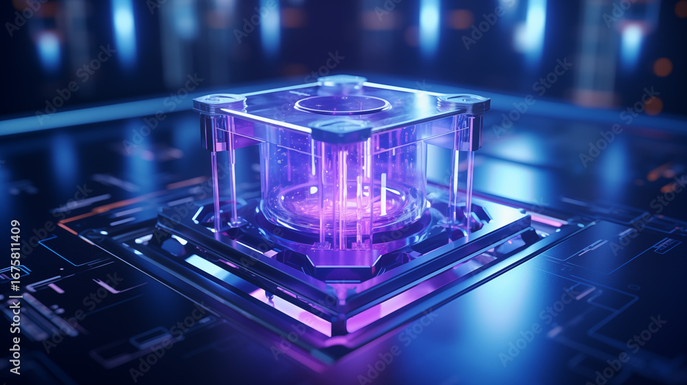 Fototapete a futuristic quantum computer processor with neon lights and glass cube for advanced computing techn