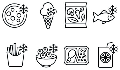 Frozen food linear icon set. featuring pizza, ice cream, vegetables, fish, fries, berries, chicken, juice