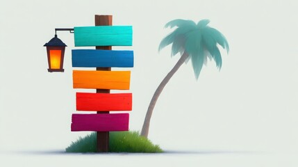 Paradise Guidance: A vibrantly colored signpost beside a tropical palm tree, directing towards sun-kissed shores. Explore a world of vacation, escape, and wanderlust
