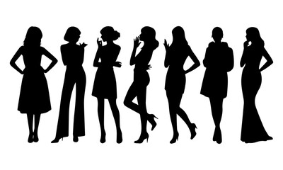 stylish women Silhouette in diverse poses, collection of woman showcasing fashion and elegance on a white background, perfect for design, art, and fashion projects