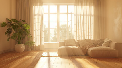 Bright living room interior with cream walls and warm light