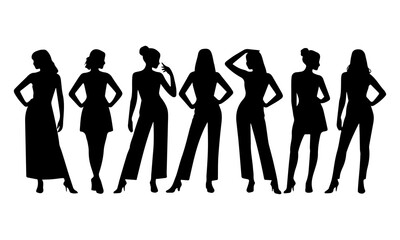 stylish women Silhouette in diverse poses, collection of woman showcasing fashion and elegance on a white background, perfect for design, art, and fashion projects