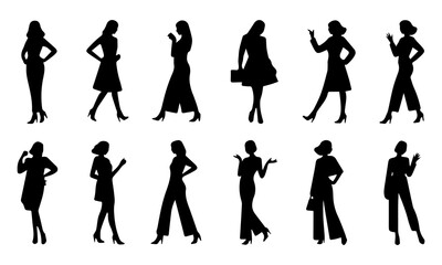 stylish women Silhouette in diverse poses, collection of woman showcasing fashion and elegance on a white background, perfect for design, art, and fashion projects