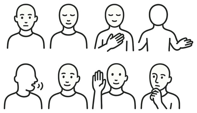 Communication linear icon set. featuring gestures of speaking, thinking, greeting, and pondering