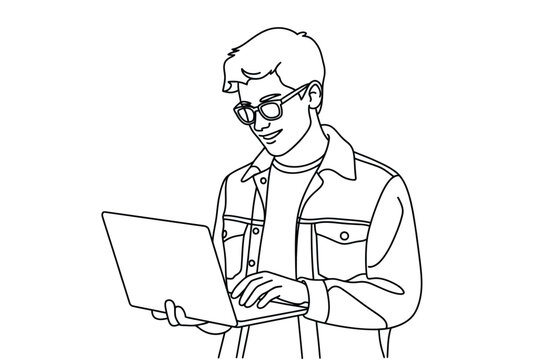 recommend clip art: Young man with glasses working on a laptop computer
