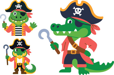 Pirate Crocodile Illustrations Cartoon Reptile Characters for Kids Projects
