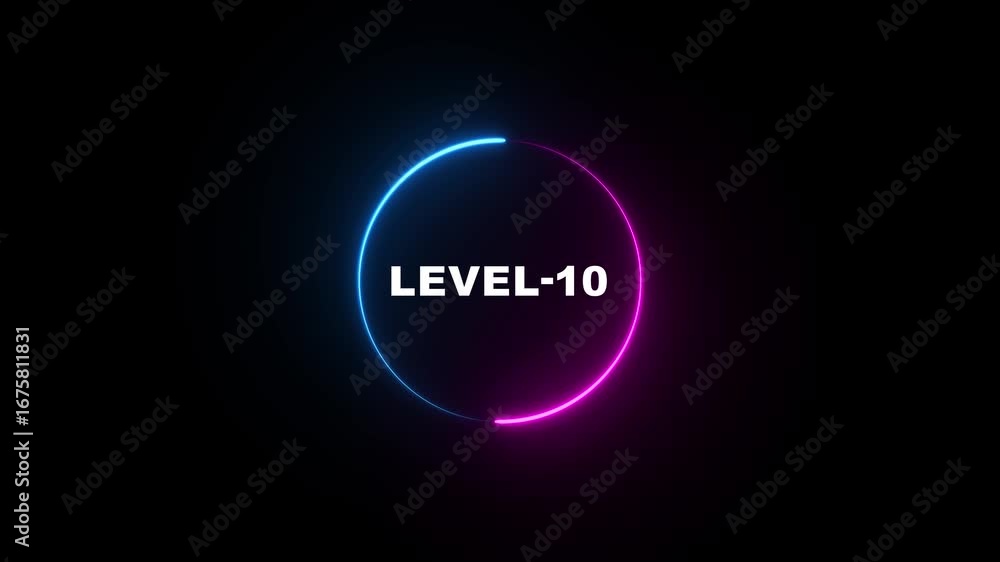 Poster glowing neon blue and pink color circle with level-10 text animation on black background .abstract l