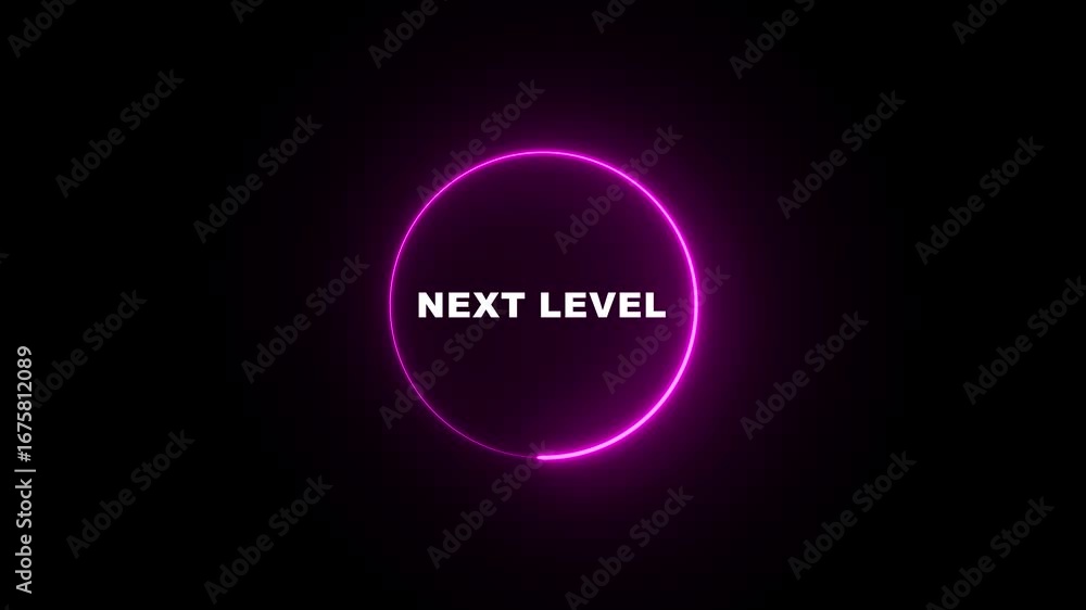 Aufkleber glowing neon blue and pink color circle with level up text animation on black background .abstract l