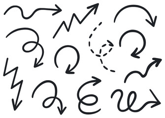Arrow linear icon set. featuring curved, zigzag, circular, spiral, dashed, and wavy arrow symbols