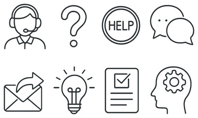 Customer support linear icon set. featuring headset, question mark, help, chat, email, idea, checklist, settings