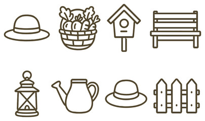 Garden themed linear icon set. featuring hat, basket, birdhouse, bench, lantern, watering can, fence