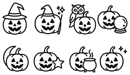 Halloween linear icon set. featuring witch hat, owl, crystal ball, moon, star, cauldron, pumpkin symbols