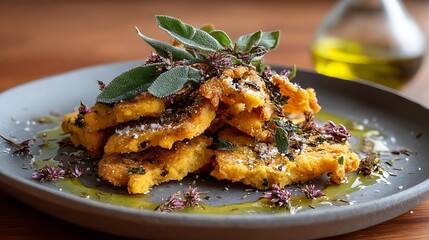 A plate of Panissa Piemontese, a traditional Italian dish of fried chickpea flour, served with a drizzle of olive oil and a sprinkling of herbs for a rustic, comforting bite