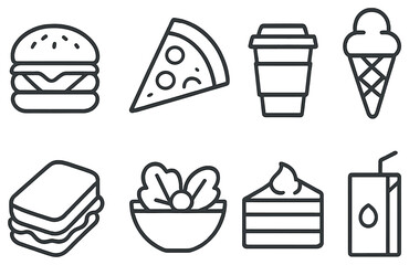 Food and drink linear icon set. featuring burger, pizza, coffee, ice cream, sandwich, salad, cake, juice