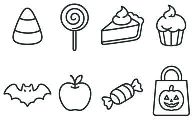 Halloween treats linear icon set. featuring candy corn, lollipop, pie, cupcake, bat, apple, candy, and pumpkin bag