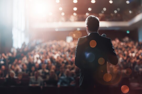 Speaker delivering speech on stage with microphone to audience under spotlight at conference, leadership concept