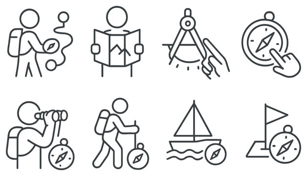 Navigation and exploration linear icon set. featuring map, compass, binoculars, and sailing symbols