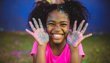 A joyful child with painted hands