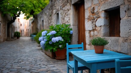 Naklejka premium Serene Street Cafe: A picturesque stone street in a charming village scene, featuring a vibrant blue cafe table adorned with potted plants, invoking a sense of tranquil ambiance.