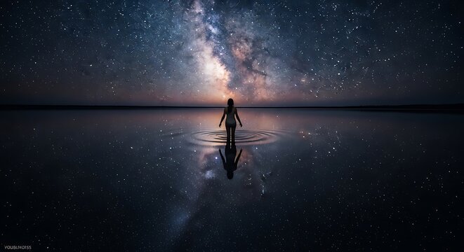 Woman walks into starry night sky reflected in water - Powered by Adobe