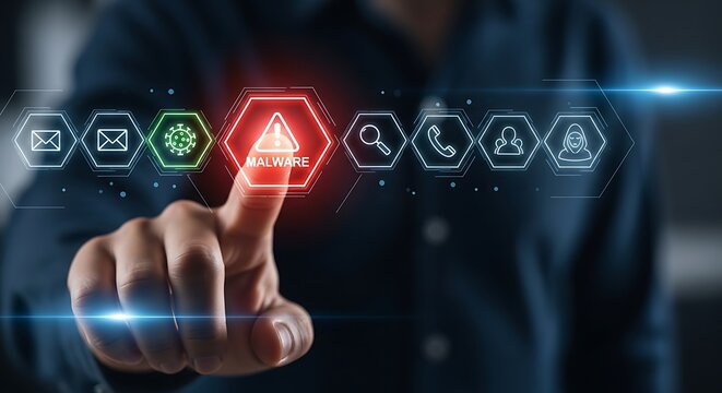 Cybersecurity concept with finger touching glowing malware warning icon virus threat