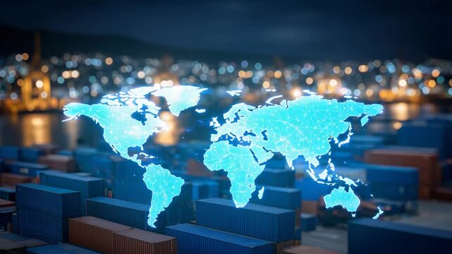 Explore the impact of import tariffs on global trade with a dynamic logistic center featuring cargo containers, a world map overlay, and trade indicators.