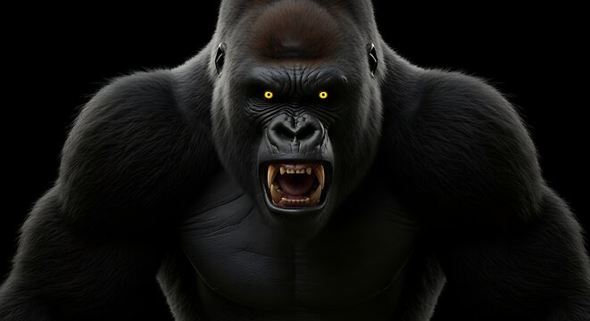 Intense Gorilla with Glowing Eyes and Open Mouth on Black Background.