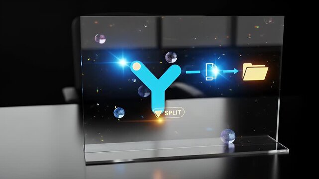 Glass panel catches orb reflections as a Y-junction switch routes one orb to a folder; the handover glows briefly with clean, prism-safe highlights