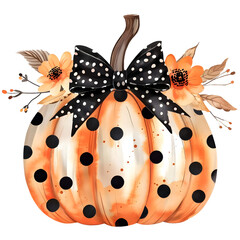 Watercolor Pumpkin with a polka dot black bow